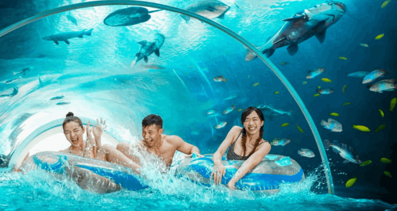 Guests enjoying the Adventure Cove Waterpark lazy river with marine life views, a fun water activity in Singapore for families and friends.