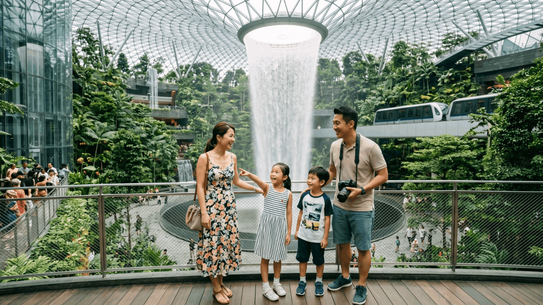 Family enjoying Canopy Park at Jewel Changi Airport with views of the Rain Vortex, greenery and indoor attractions in Singapore.