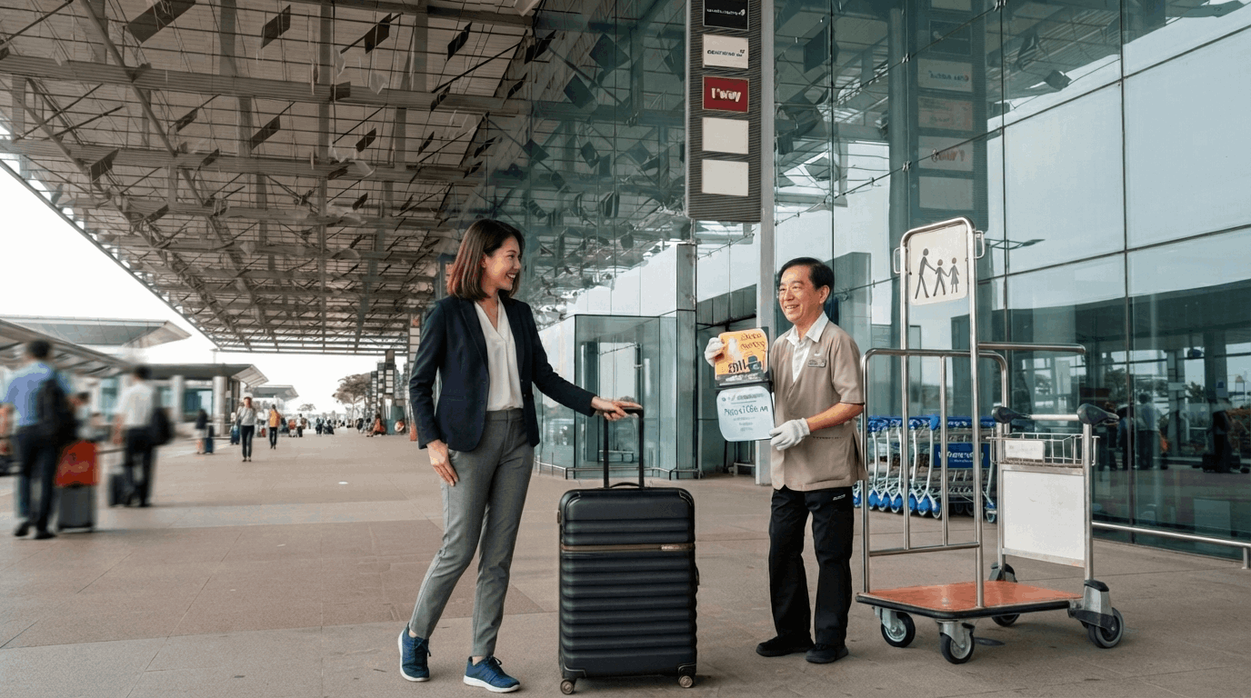 Traveller with a suitcase using luggage storage services at Changi Airport before hotel check-in in Singapore.