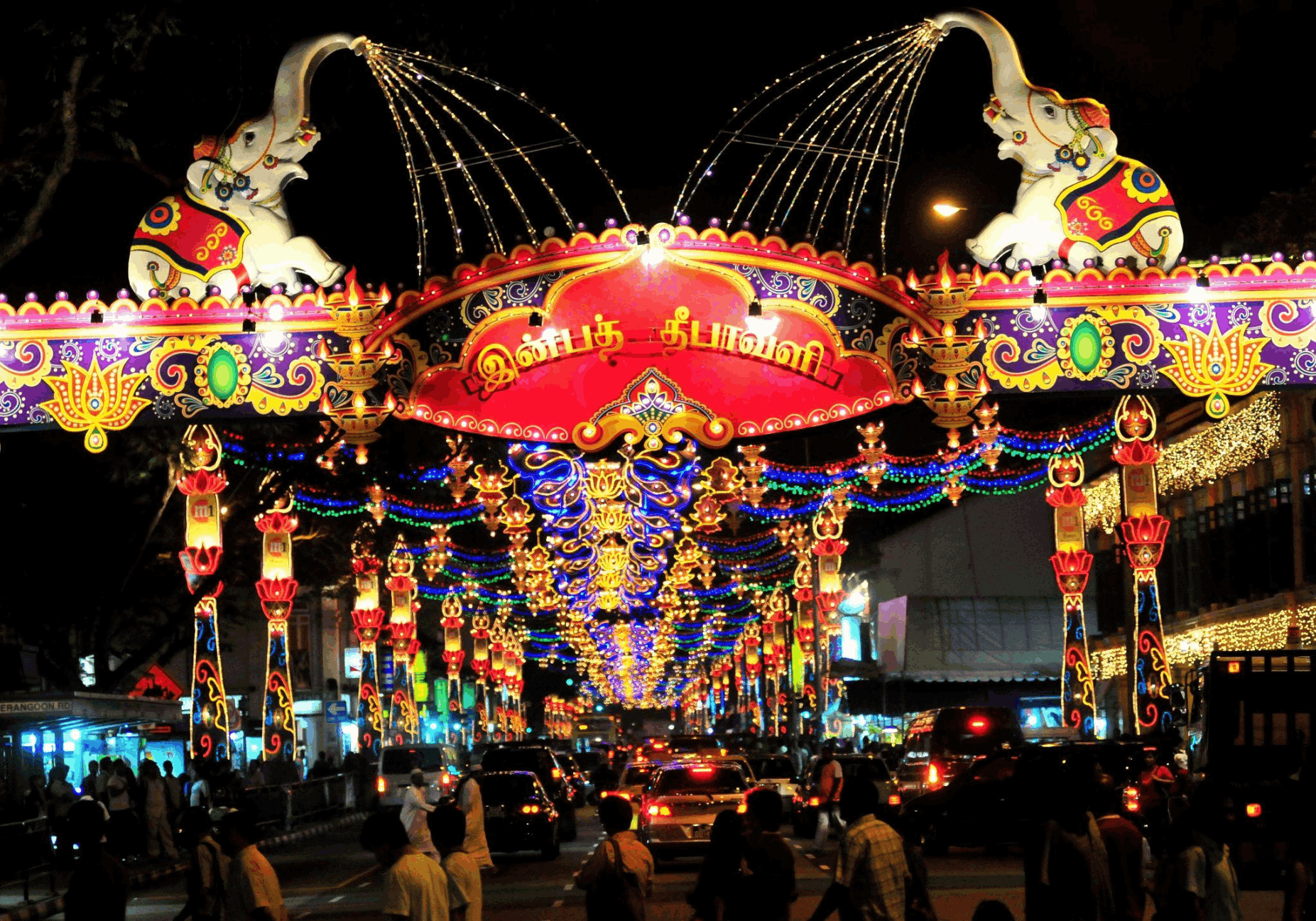 Colourful Deepavali light-up decorations with illuminated elephants along Serangoon Road in Little India, Singapore.