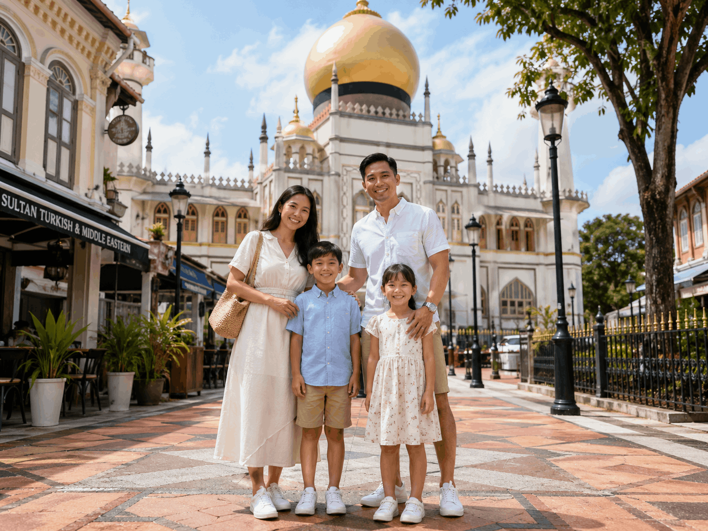 Family with young children smiling in front of Sultan Mosque in Kampong Gelam, Singapore on a sunny day.