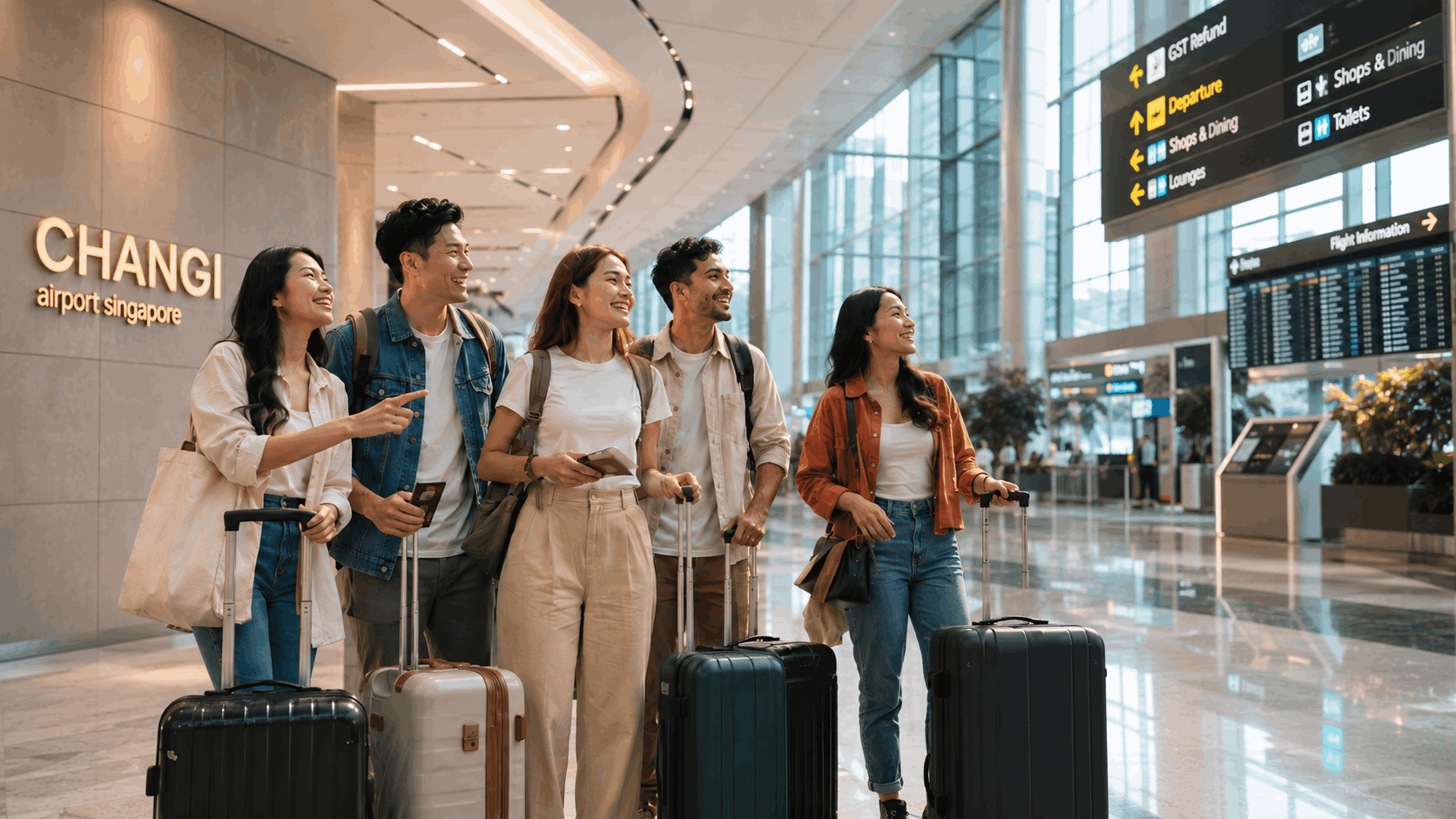 Group of friends with luggage at Changi Airport during a Singapore stopover, ready to explore the city on a one-day layover.