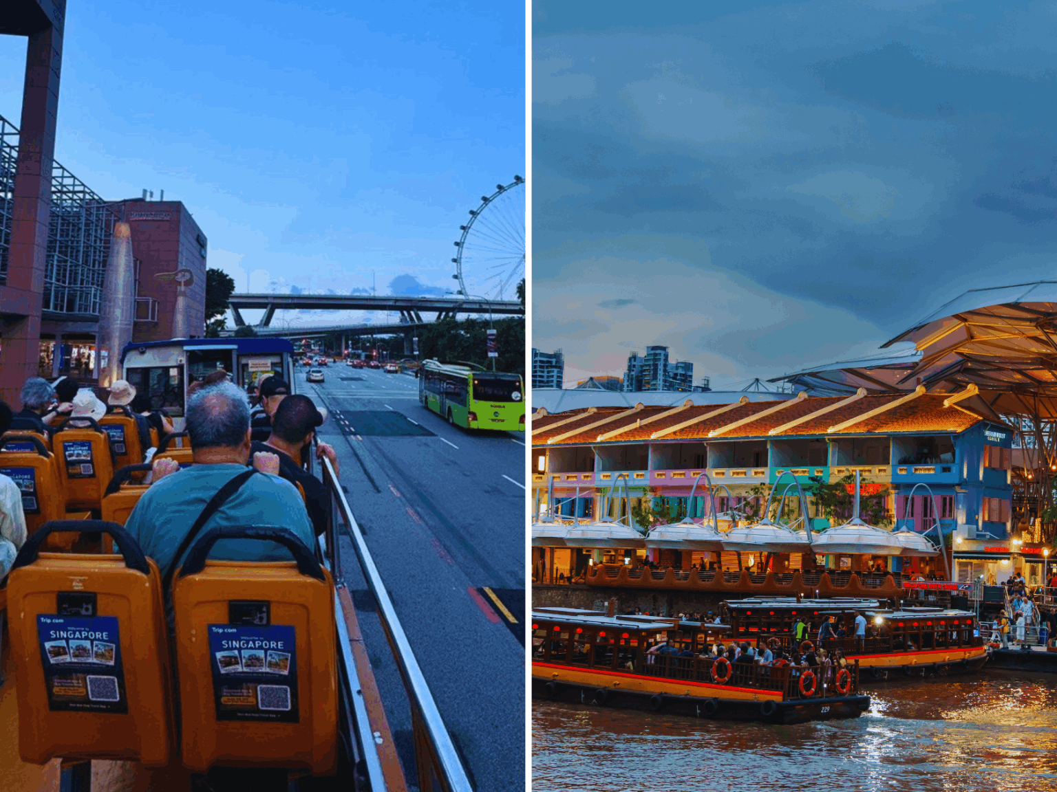 Side-by-side image of a FunVee open-top bus tour in Singapore and evening river cruise boats at Clarke Quay, showing popular weekend sightseeing activities for locals and visitors.