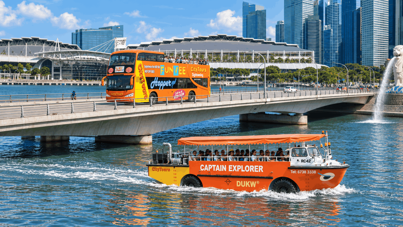 FunVee Open-Top Bus travelling along Marina Bay while the Captain Explorer DUKW Tour cruises on the water, with Singapore’s skyline in the background.