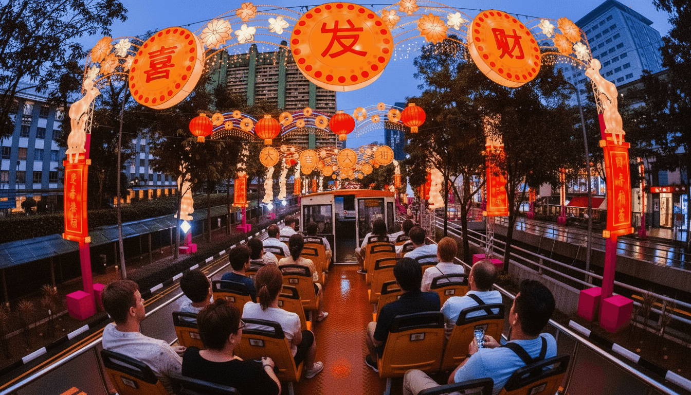 A view from the open-top deck of a FunVee bus passing through the heart of Chinatown at night, showing illuminated street decorations 