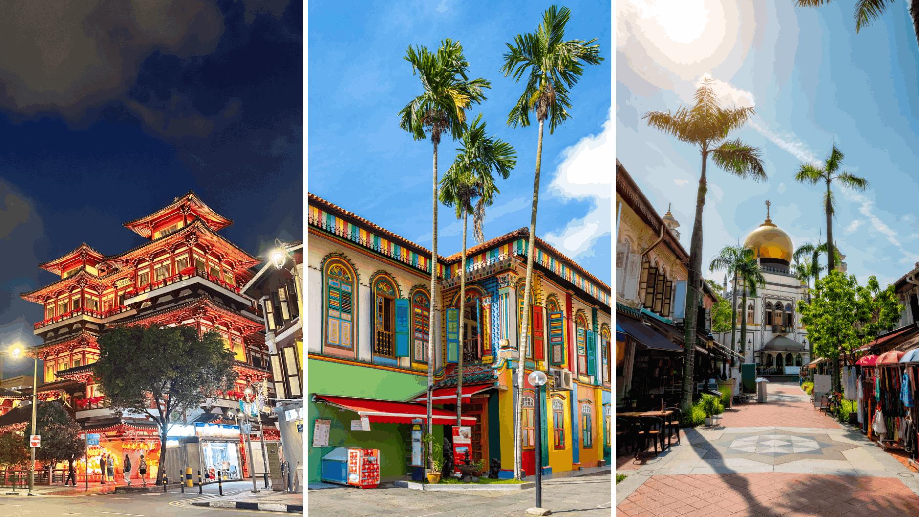 Collage of three Singapore cultural districts featured in the FunVee Heritage & Culture Tour — Buddha Tooth Relic Temple in Chinatown at night, the colourful Tan Teng Niah house in Little India, and Sultan Mosque in Kampong Gelam