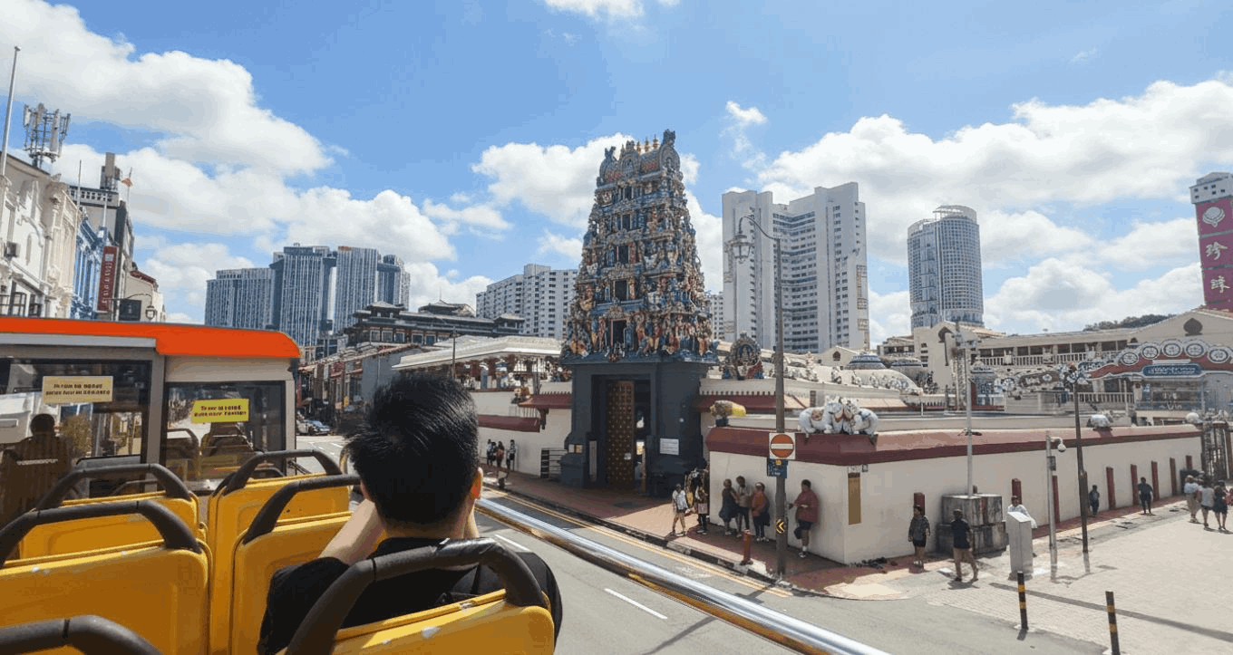 View of Little India from the FunVee Hop-On Hop-Off Bus, a convenient way for budget travellers to see Singapore’s cultural districts.