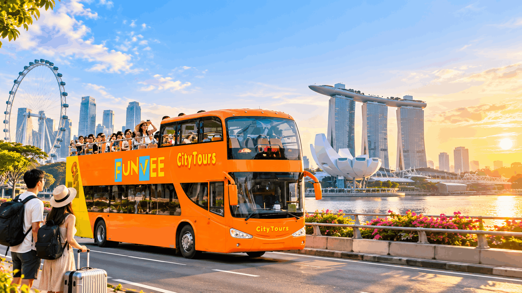 FunVee Open-Top Bus travelling through Marina Bay in the morning with Marina Bay Sands and the Singapore Flyer in the background.