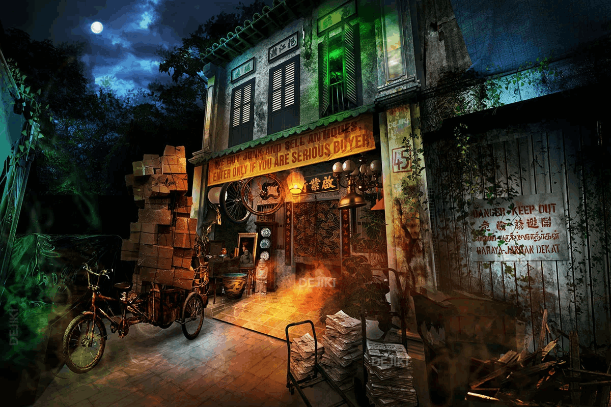 Eerie haunted house set with a traditional shophouse facade and dramatic lighting at Halloween Horror Nights Singapore.