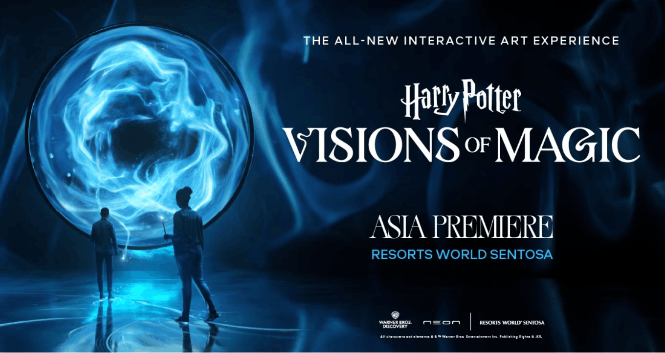 Promotional poster for Harry Potter: Visions of Magic, an interactive art experience, featuring two people holding wands facing a glowing magical portal, with event details for the Asia Premiere at Resorts World Sentosa.