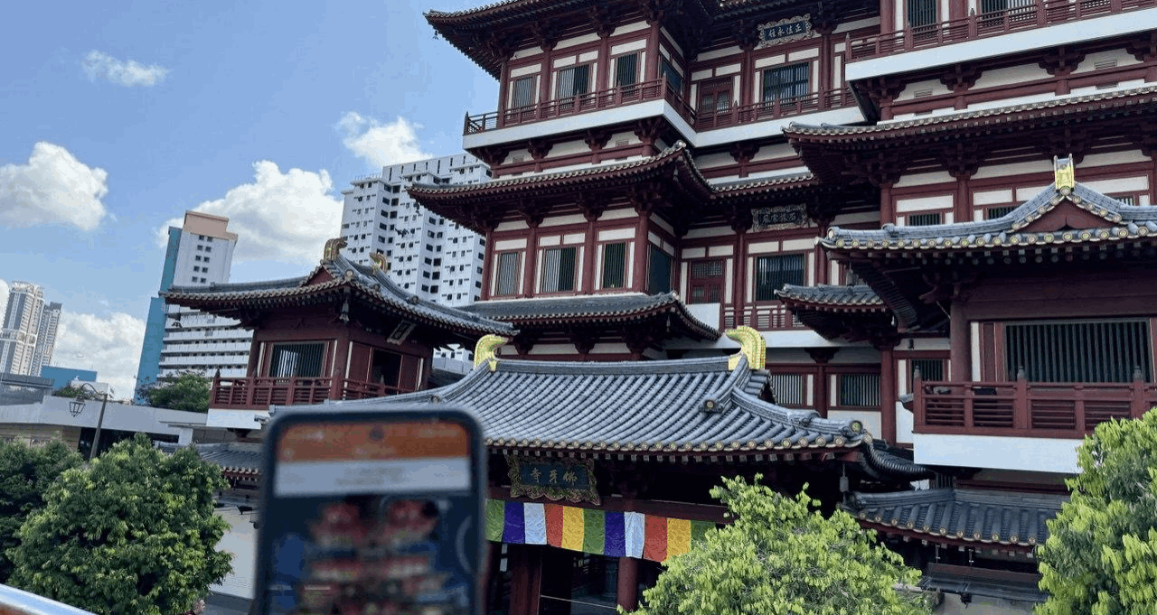 View of Buddha Tooth Relic Temple in Chinatown from the FunVee open-top bus during an SG Culture Pass heritage tour in Singapore.