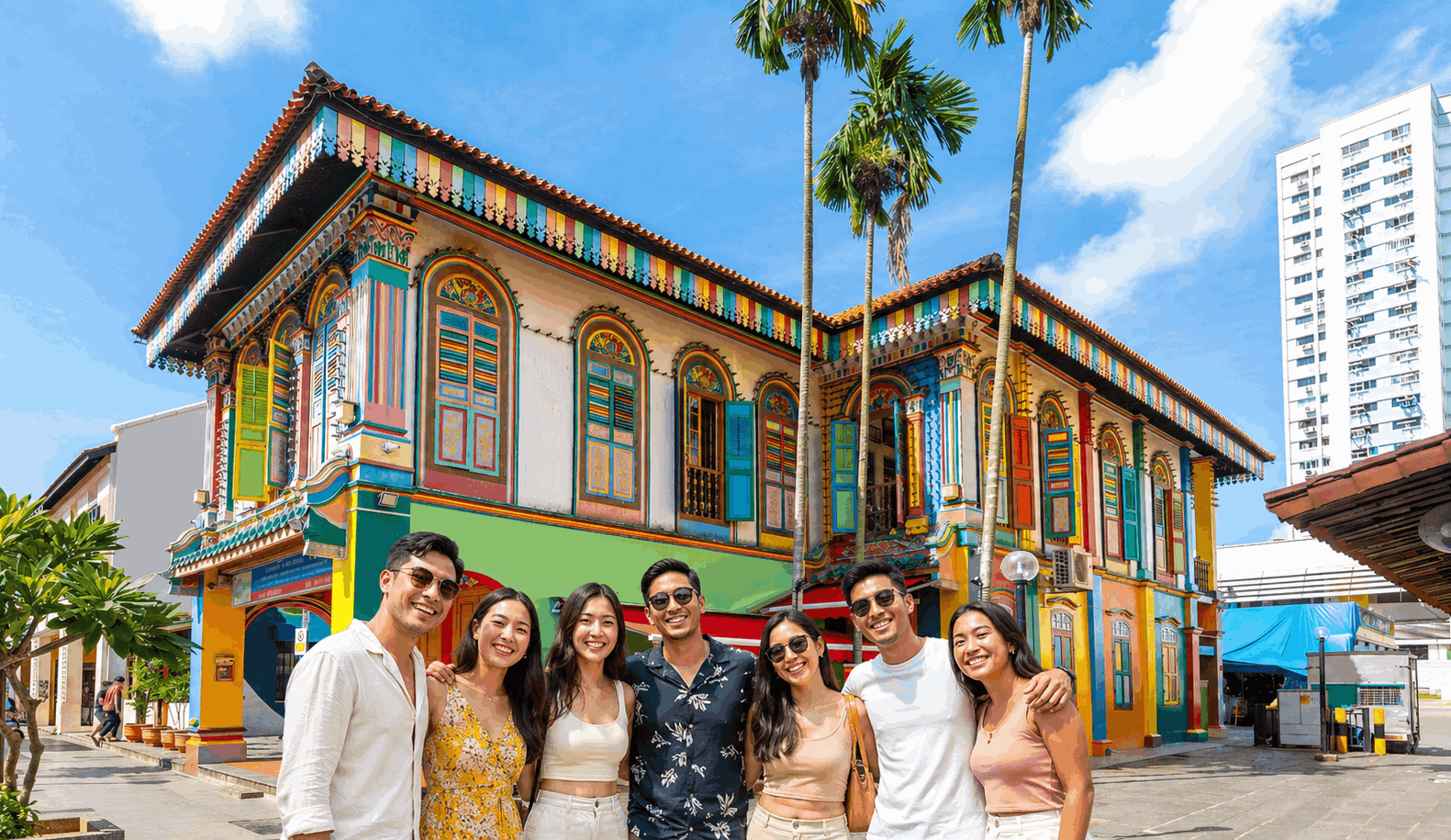 Group of friends exploring Little India in Singapore in front of the colourful House of Tan Teng Niah, ideal for an SG Culture Pass heritage day out.