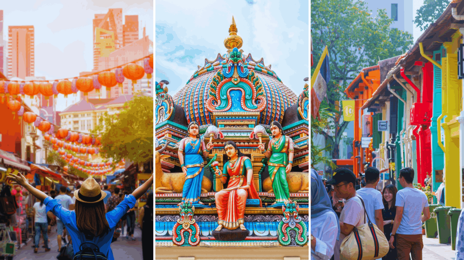 Singapore heritage neighbourhoods featuring Chinatown lanterns, Little India temple architecture and colourful Kampong Glam streets for an SG Culture Pass cultural experience.