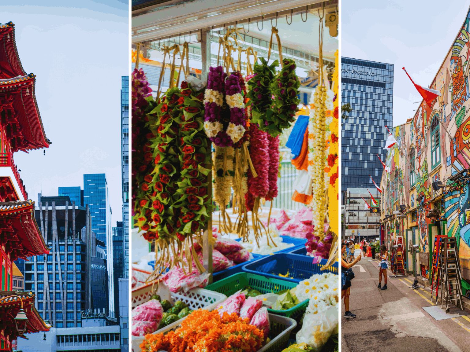Three-panel collage showing Singapore heritage and cultural scenes, including Chinatown architecture, flower garlands in Little India and colourful street art in Kampong Glam, representing the SG60 FunVee Culture Pass.