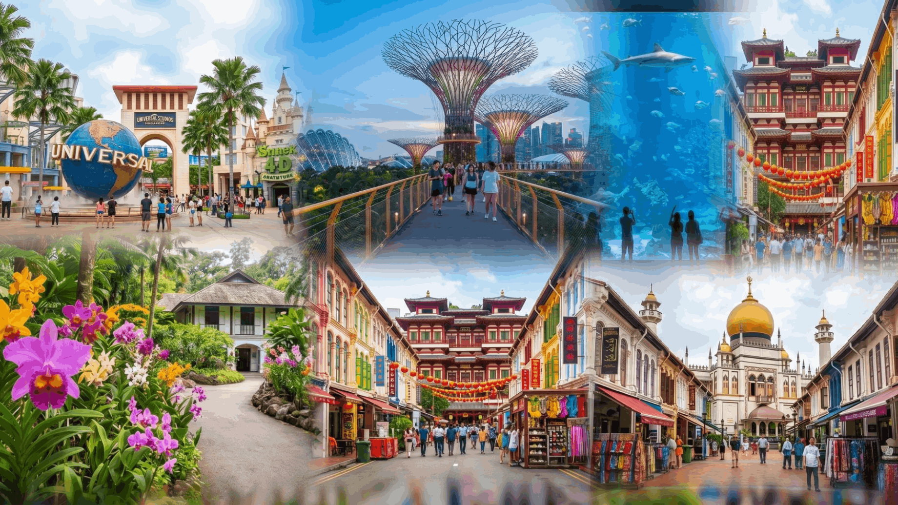 Singapore 3-day itinerary highlights including Universal Studios Singapore, Gardens by the Bay, Singapore Oceanarium, National Orchid Garden, Chinatown and Kampong Gelam.