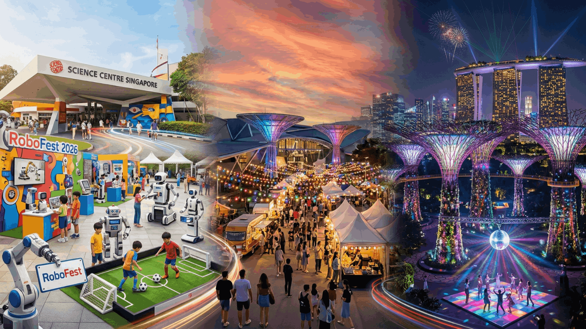 A blend of Singapore landmarks and event scenes from April 2026, including children interacting with a futuristic RoboFest display at the Science Centre, the colorful night lights of the Artbox market, and the Gardens by the Bay Supertrees glowing with multi-colored disco lights for the Retro Fever Garden Rhapsody show.