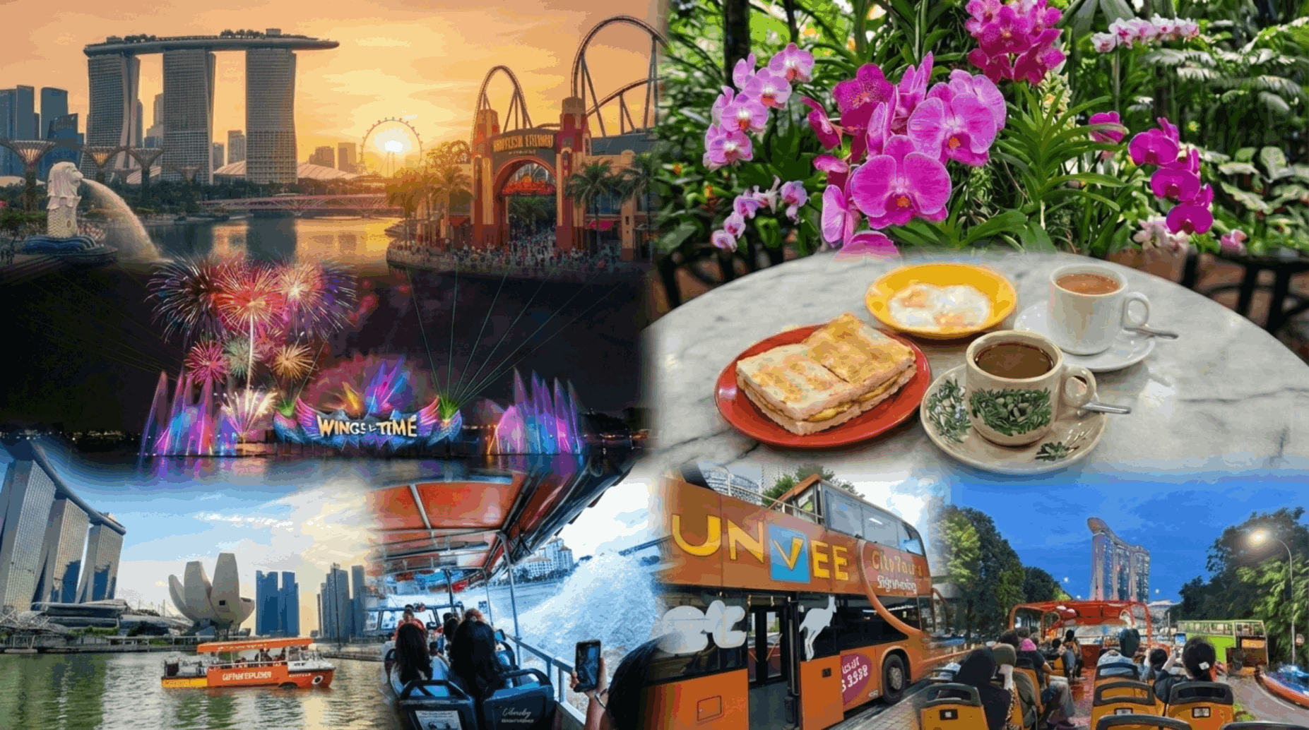 A photo collage showing key attractions included in the Singapore City Pass: Universal Studios Singapore entrance, National Orchid Garden flowers, Wings of Time fireworks, traditional Kaya toast breakfast set, the FunVee Open Top Bus, and a night city tour view of Marina Bay Sands.
