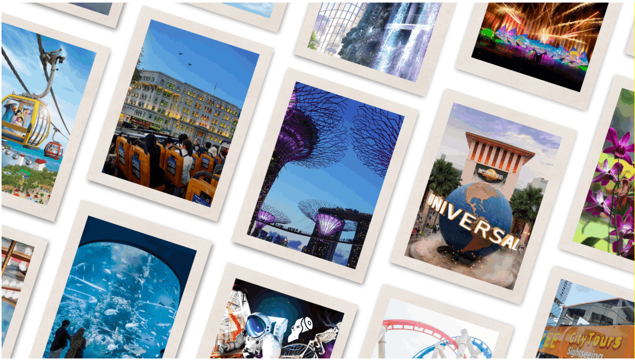 A creative diagonal mosaic of Polaroid-style photos showcasing Singapore’s top attractions included in the City Pass, such as the Sentosa Cable Car, Universal Studios Singapore, Gardens by the Bay, Science Centre Singapore, and the FunVee open-top sightseeing bus.