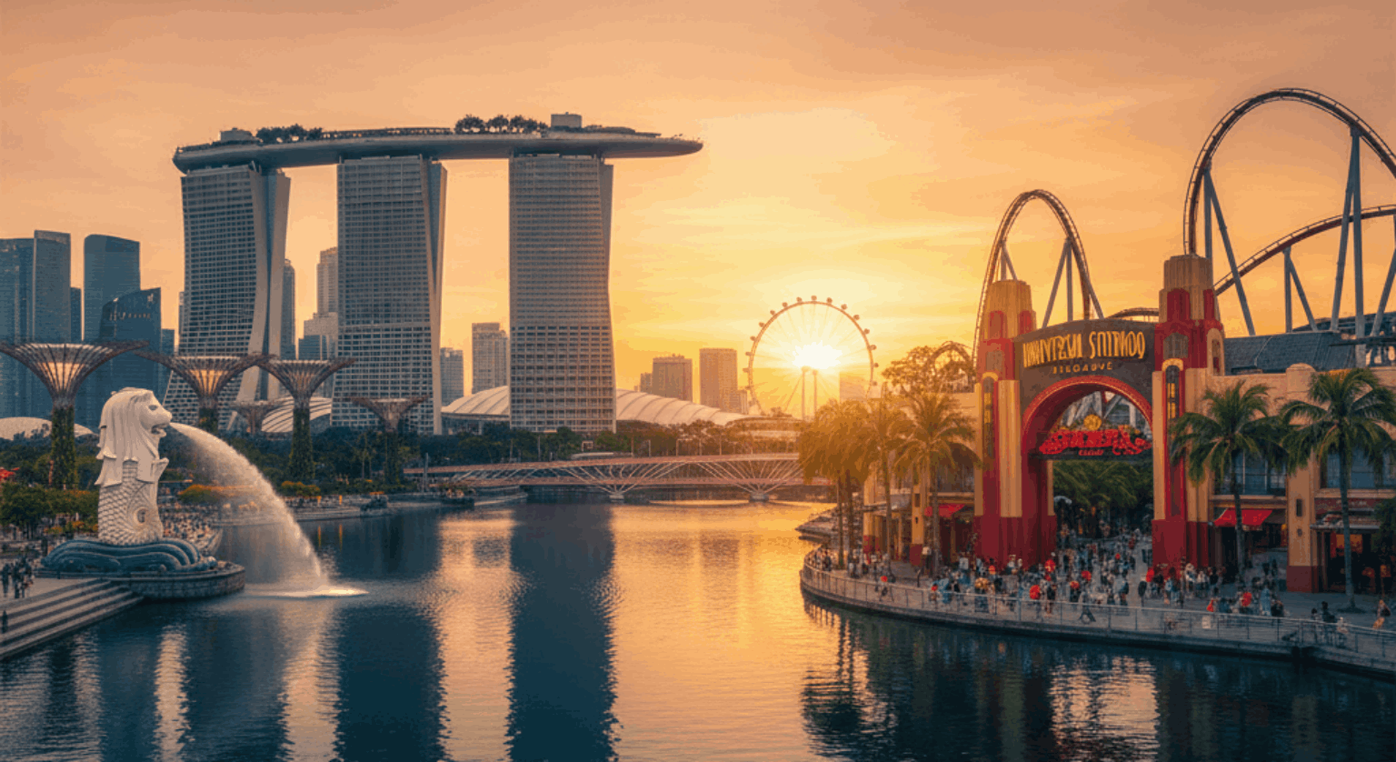 A scenic view of Singapore featuring key Singapore City Pass attractions, including the Merlion Park, Marina Bay Sands skyline, and the entrance to Universal Studios Singapore.