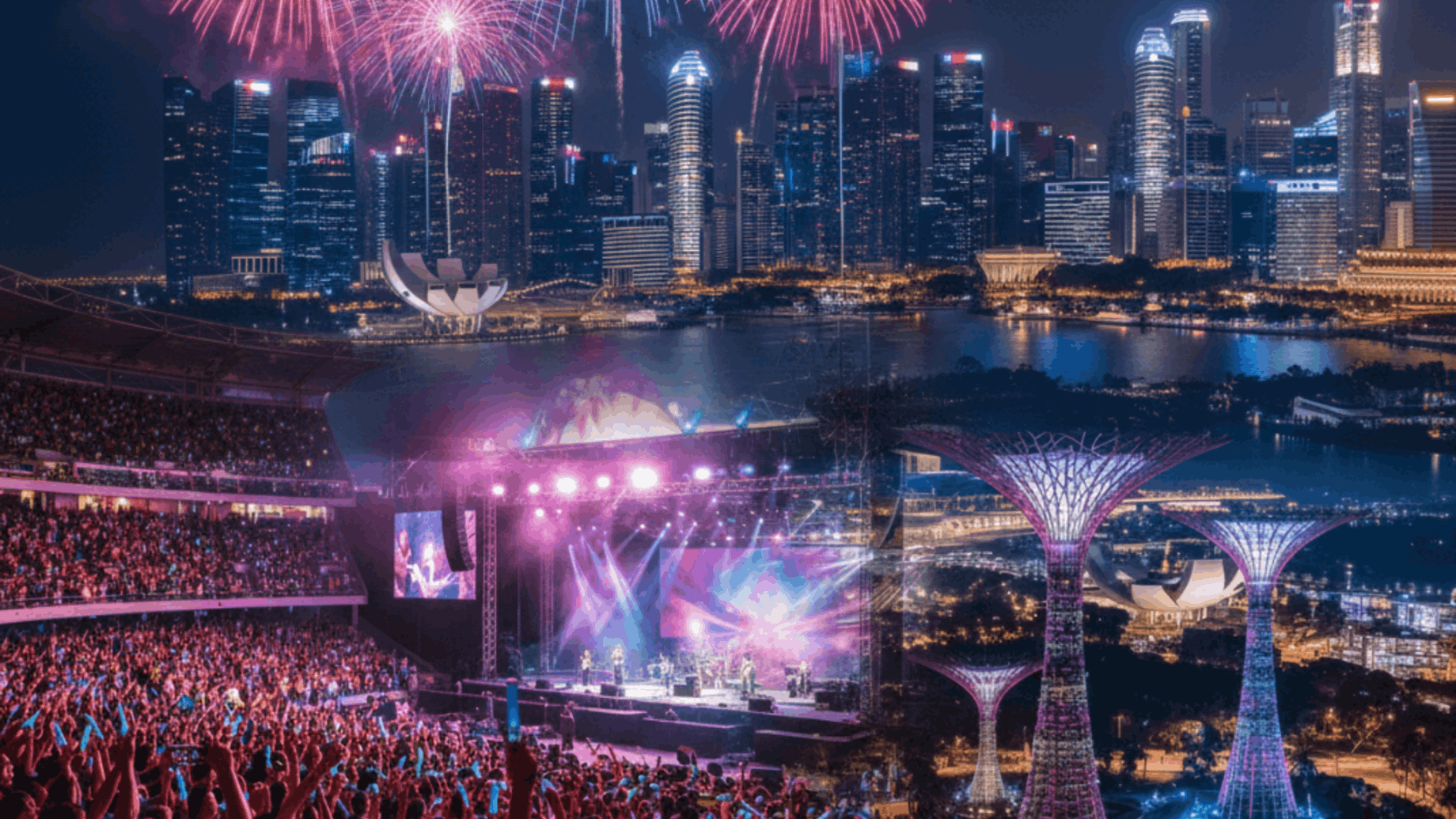 A wide-angle blend of a vibrant stadium concert crowd with a high-energy stage under fireworks, merged with the illuminated Singapore city skyline featuring the Marina Bay Sands and Supertree Grove at night.