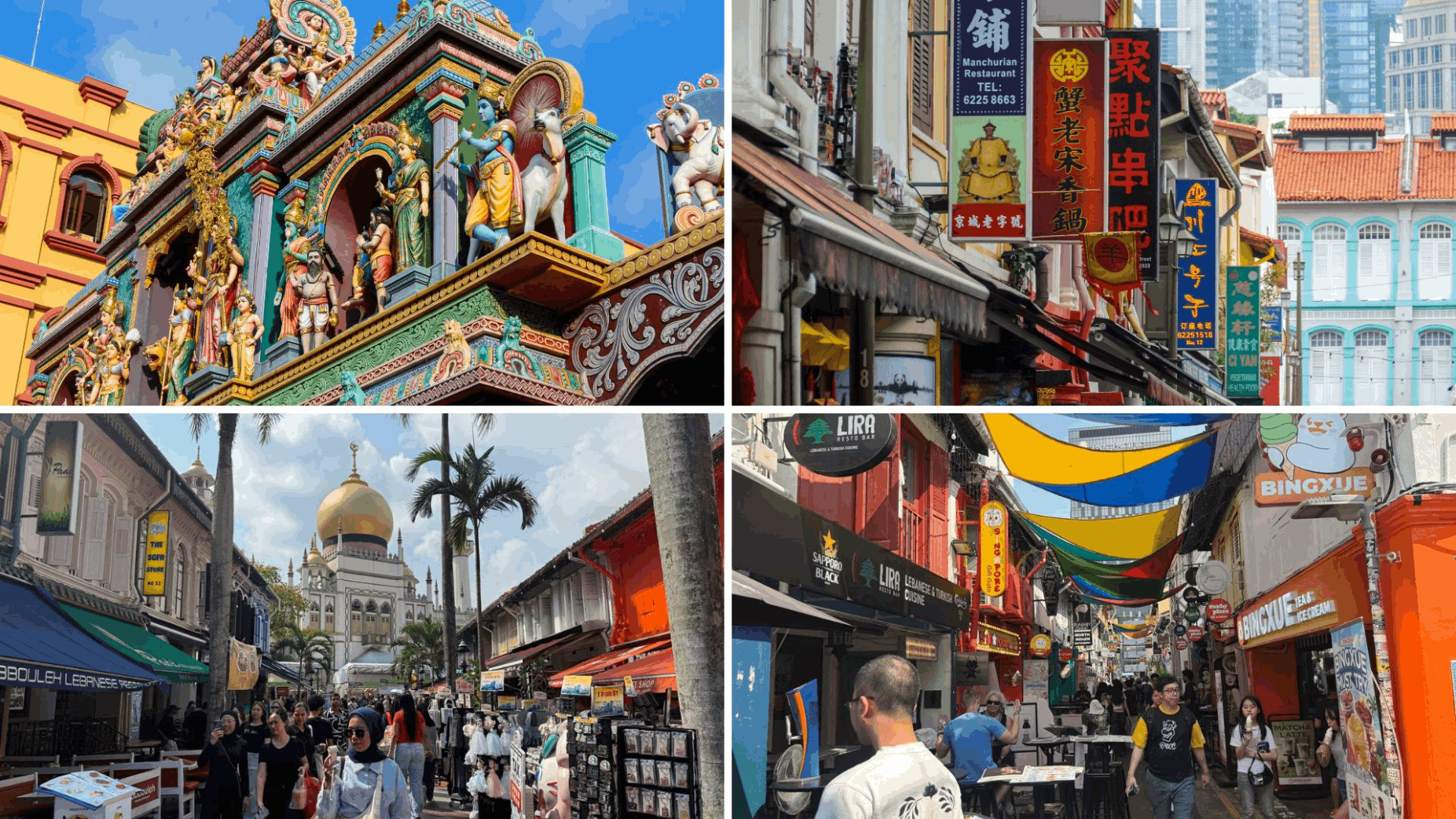 Colourful cultural neighbourhoods in Singapore including Little India, Chinatown and Kampong Gelam, ideal for food, heritage and souvenir shopping during a Singapore stopover.