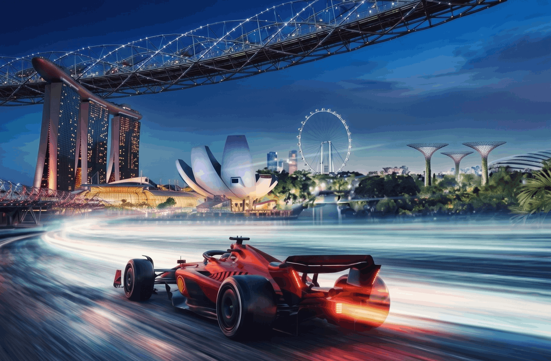 Formula 1 race car speeding through Singapore’s Marina Bay Street Circuit with Marina Bay Sands, Singapore Flyer and Gardens by the Bay in the background.