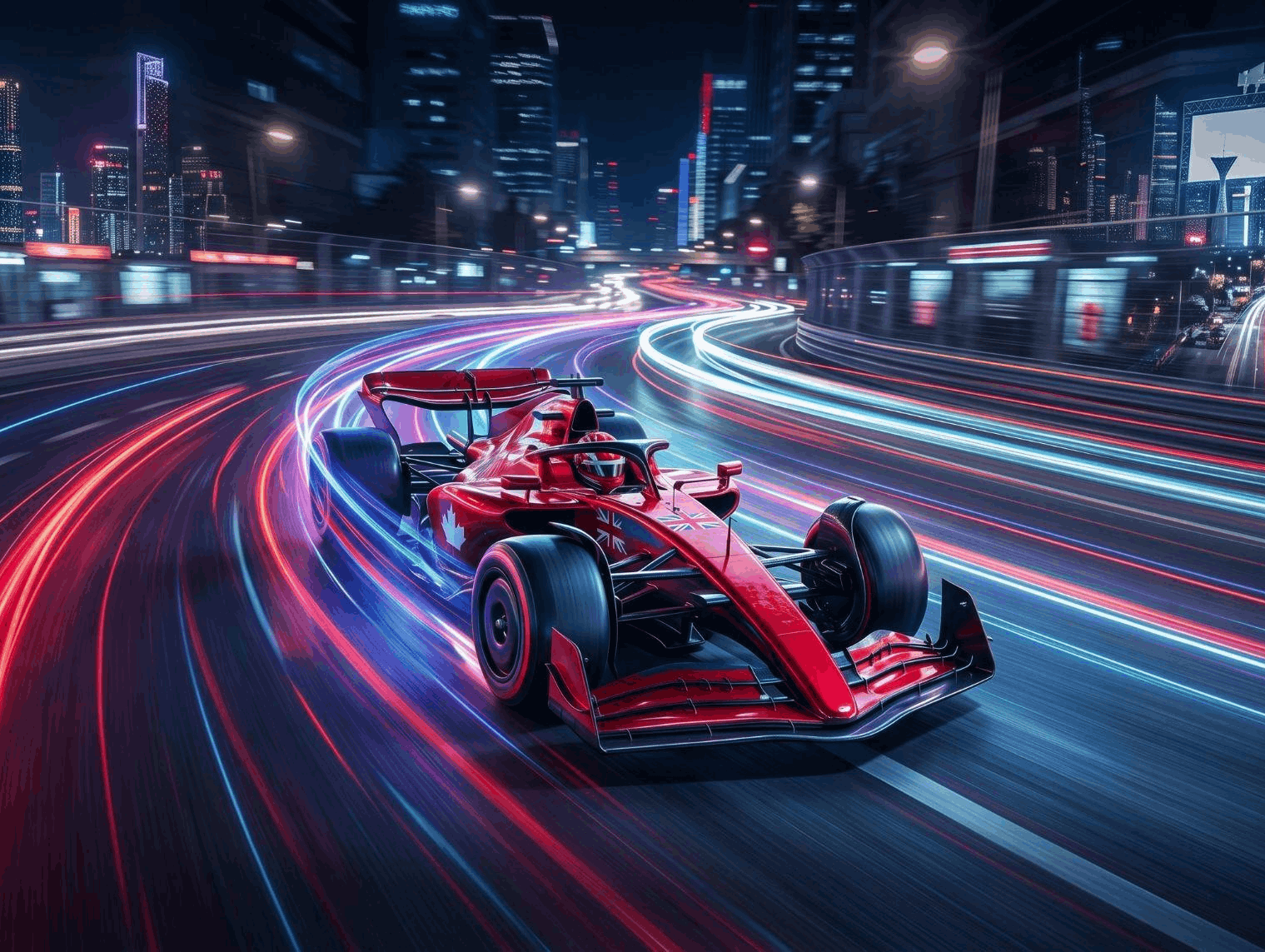 Formula 1 race car speeding through Singapore’s Marina Bay Street Circuit with Marina Bay Sands, Singapore Flyer and Gardens by the Bay in the background.