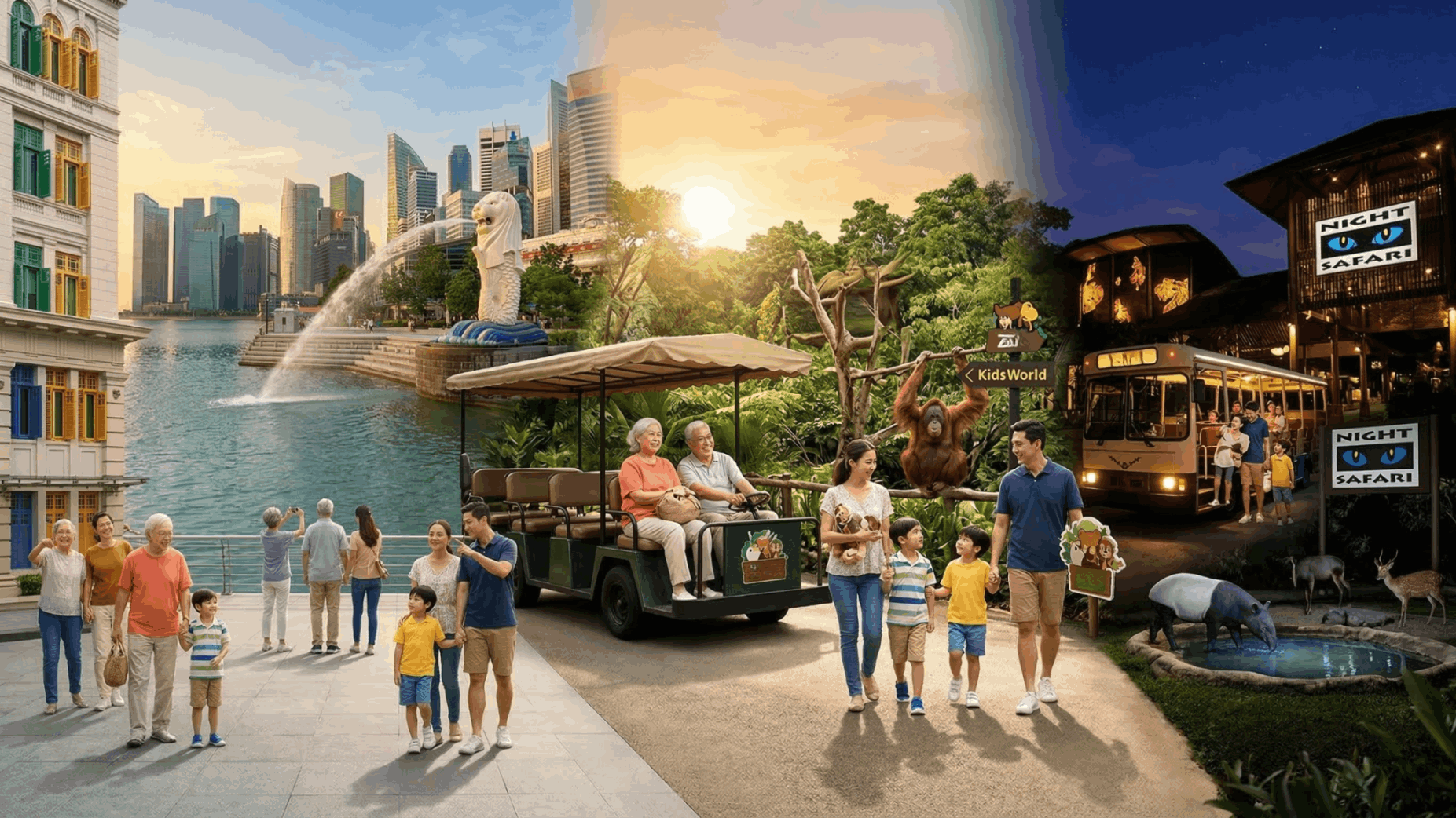 Three-generation family exploring Singapore attractions including Merlion Park, Singapore Zoo, and Night Safari.