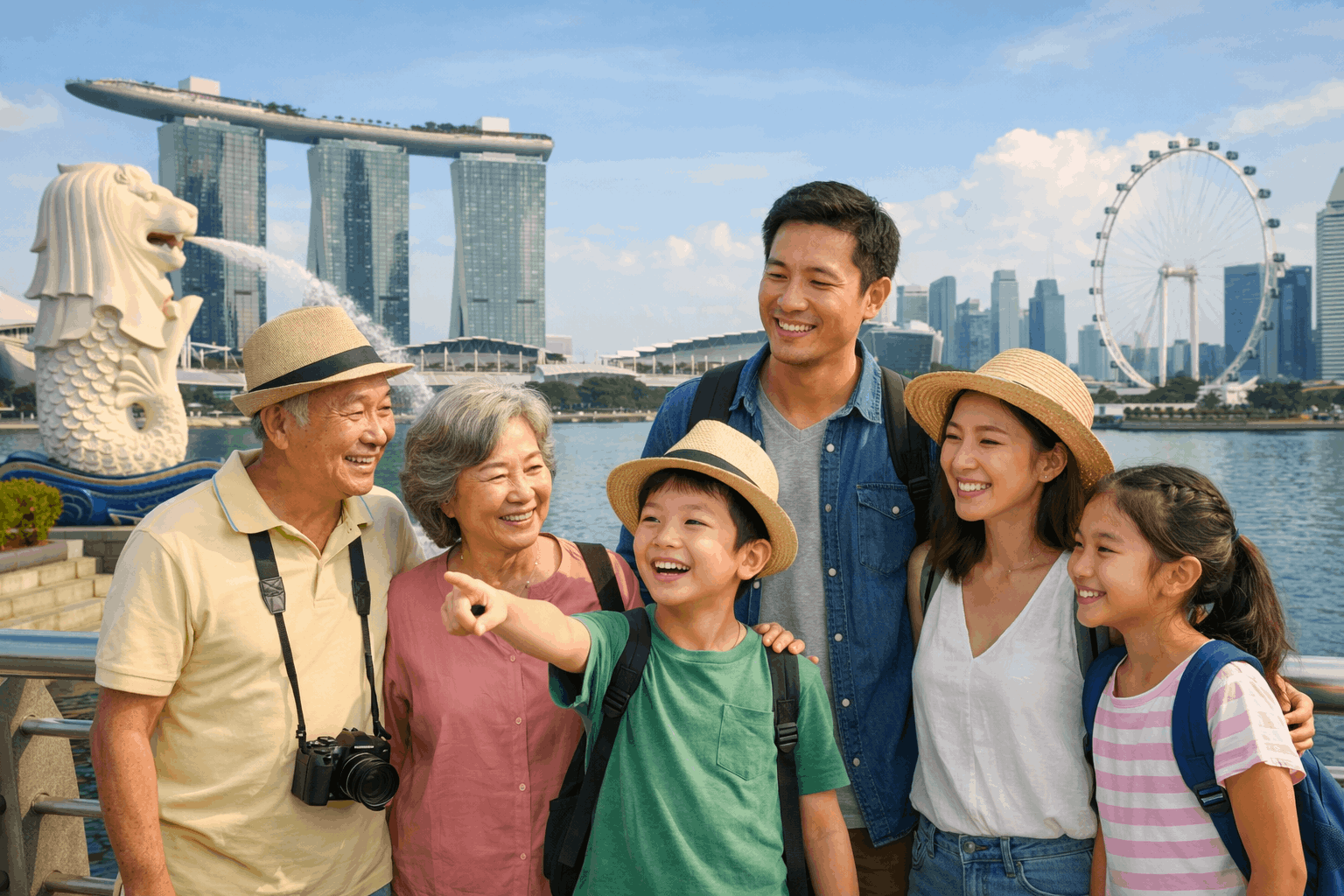 Three-generation family travelling in Singapore with grandparents, parents and kids enjoying the Marina Bay skyline during a family holiday.