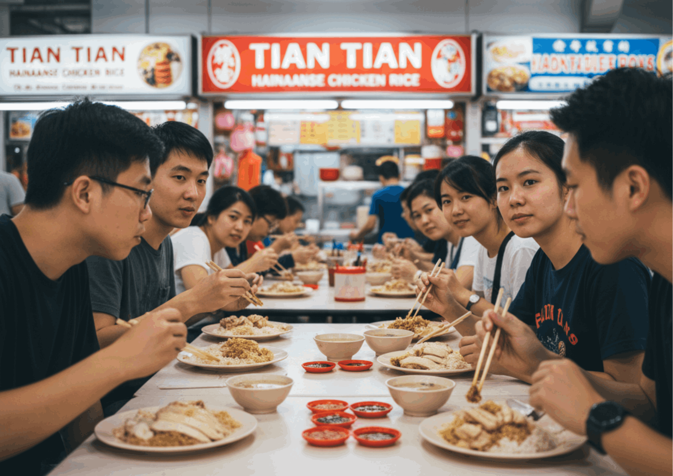 A lively Singapore hawker centre with people enjoying local dishes at shared tables, capturing the authentic everyday food culture.