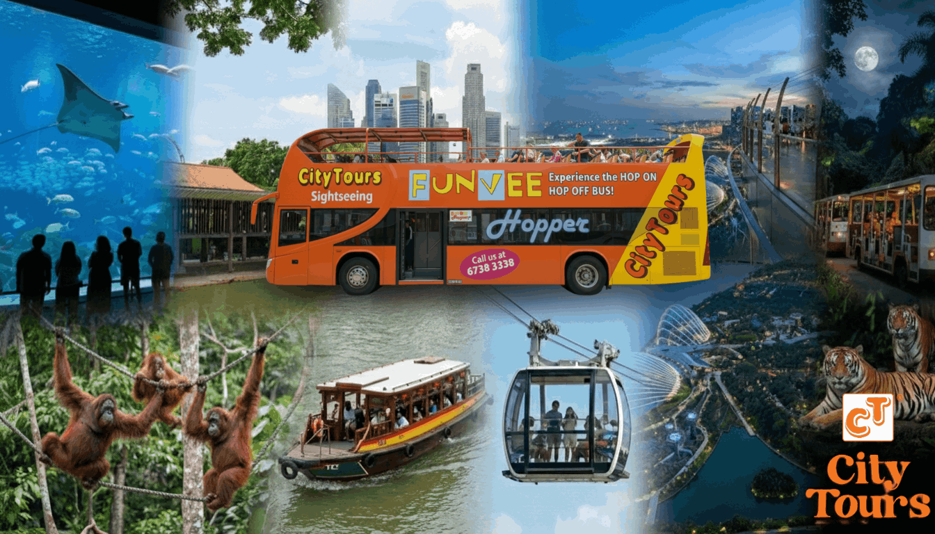 Singapore City Pass promotional collage featuring a happy family on the FunVee Open Top Bus, blended with iconic attractions including Singapore Zoo orangutans, Marina Bay Sands, and Universal Studios Singapore.