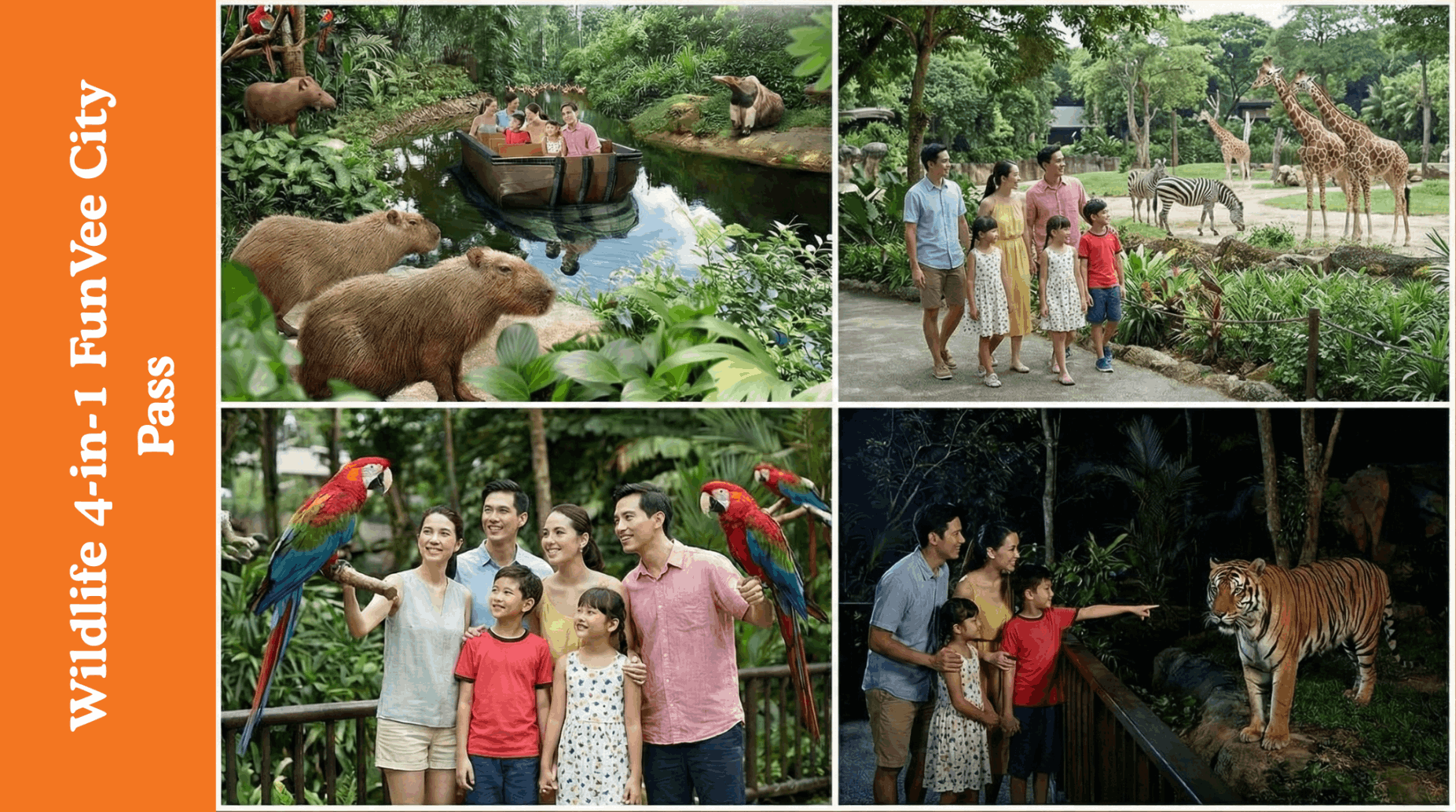 Friends exploring Singapore's top wildlife attractions including Singapore Zoo, River Wonders, Bird Paradise, and Night Safari.