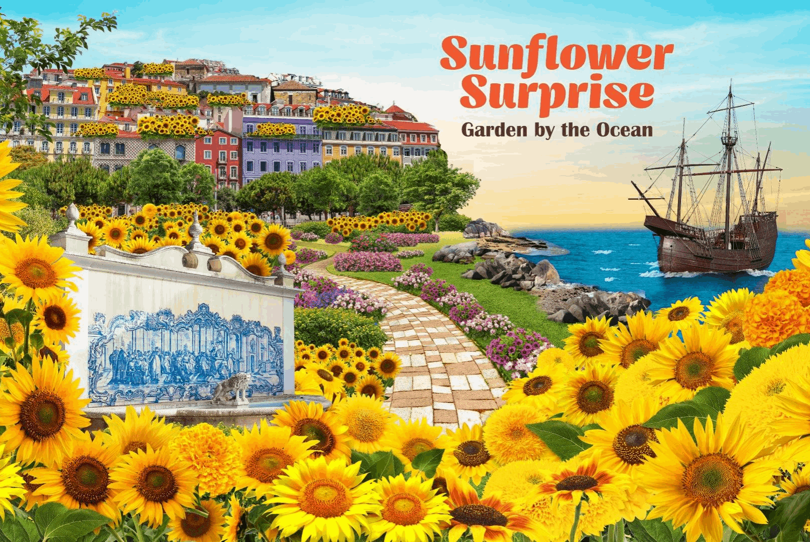 Sunflower Surprise floral display at Gardens by the Bay featuring bright sunflowers and Portuguese-inspired scenery.