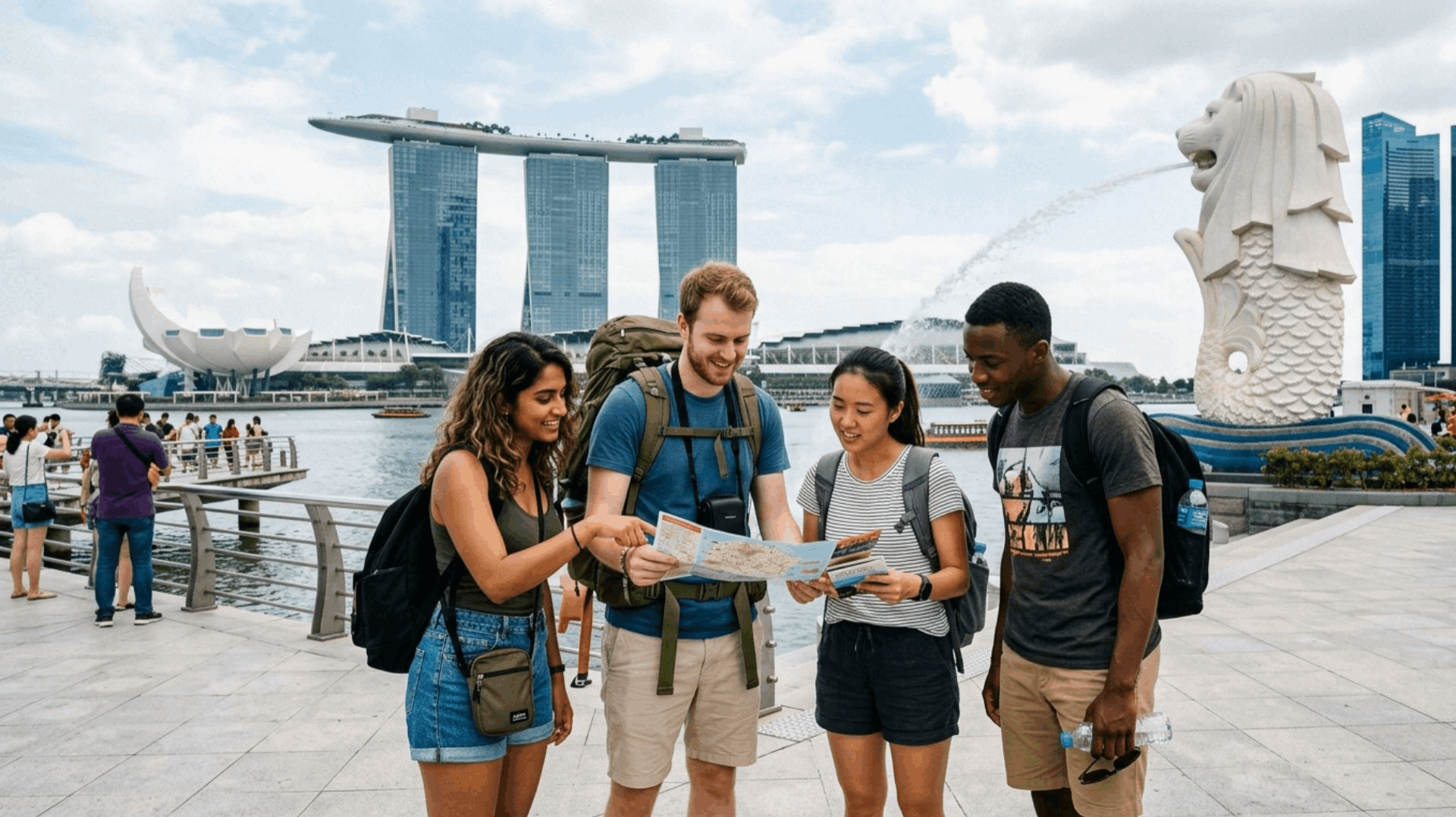 ourists planning their Singapore trip with a map at Merlion Park, with Marina Bay Sands and the Merlion in the background.