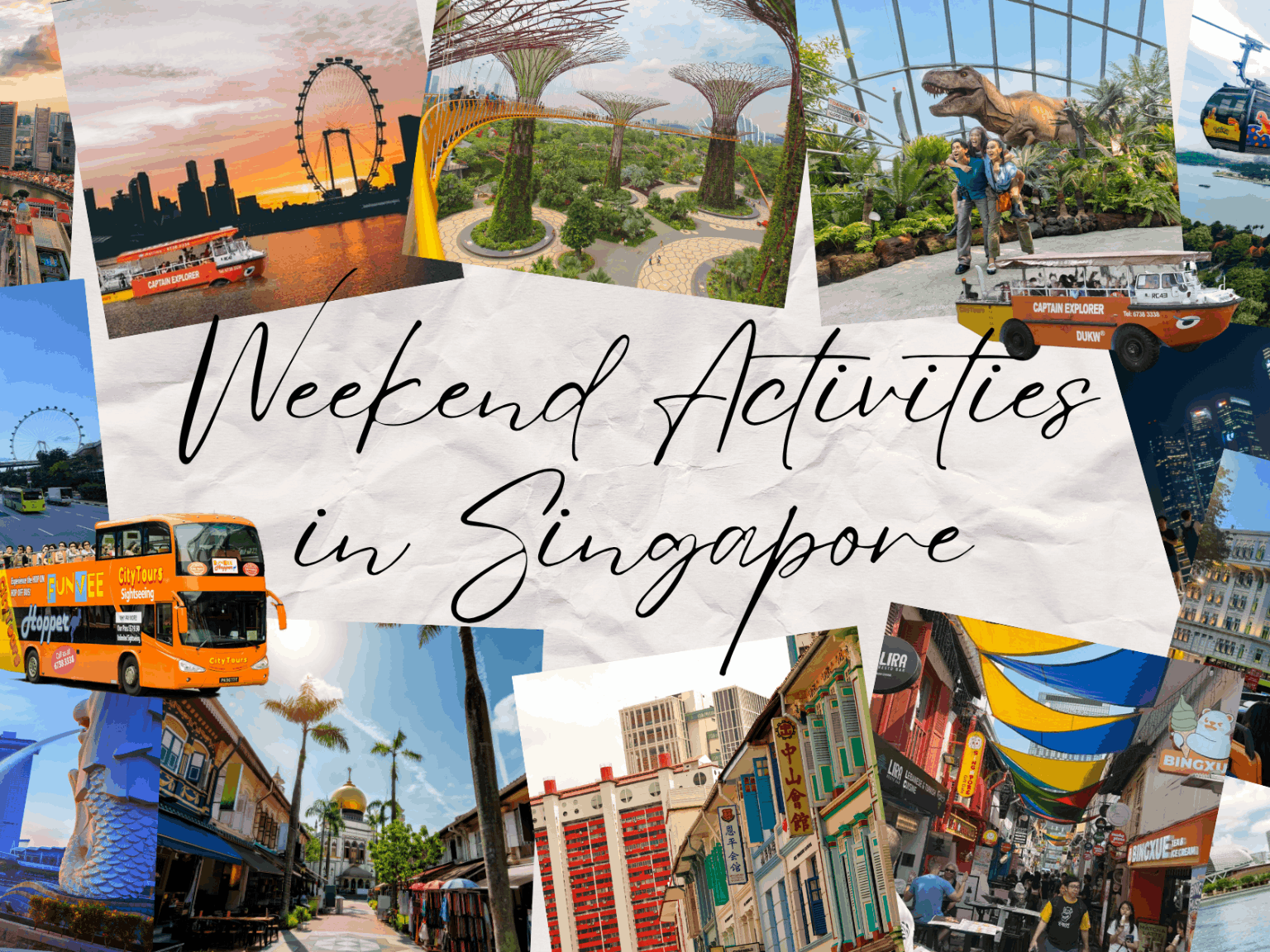 Collage of weekend activities in Singapore featuring the FunVee open-top bus, Captain Explorer DUKW Tour, Marina Bay skyline, Gardens by the Bay, Singapore Flyer, Sentosa cable cars, cultural streets and river cruise scenes for local day out ideas.