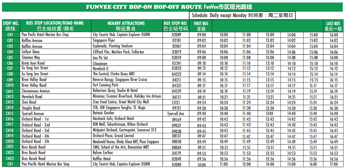 Singapore City Tour Green Route and Schedule